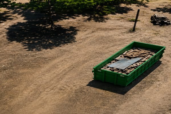After: Green roll-off dumpster filled with construction debris on a cleared dirt lot after cleanup.