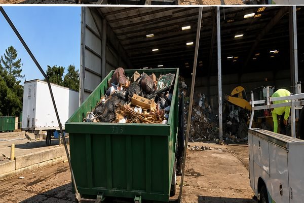 Green dumpster filled with industrial waste and construction debris after cleanup