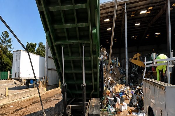 Raised green dumpster at an industrial waste site before cleanup